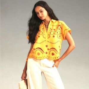 EUC Maeve Short-Sleeve Boxy Eyelet Popover Blouse Orange Motif Medium